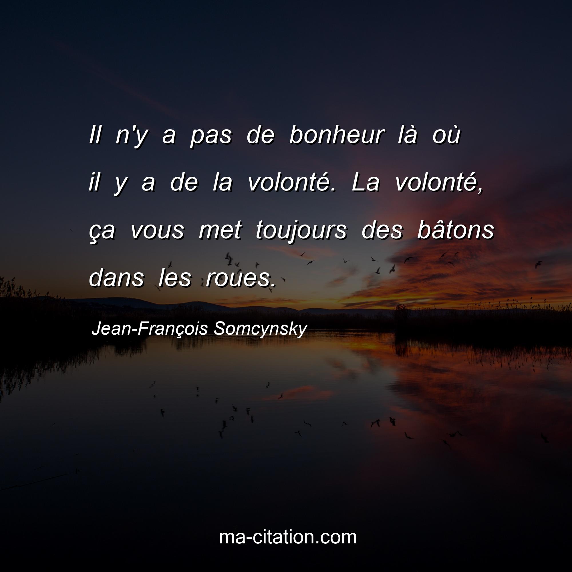 Jean-François Somcynsky : Il n'y a pas de bonheur là où il y a de la volonté. La volonté, ça vous met toujours des bâtons dans les roues.