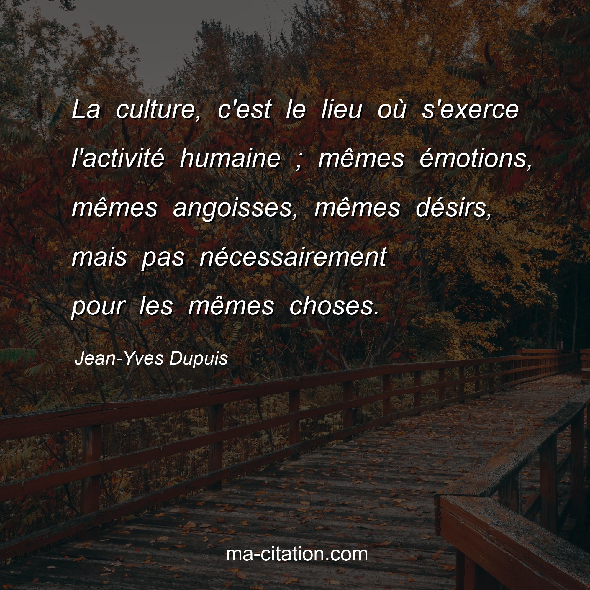 Jean-Yves Dupuis : La culture, c'est le lieu où s'exerce l'activité humaine ; mêmes émotions, mêmes angoisses, mêmes désirs, mais pas nécessairement pour les mêmes choses.