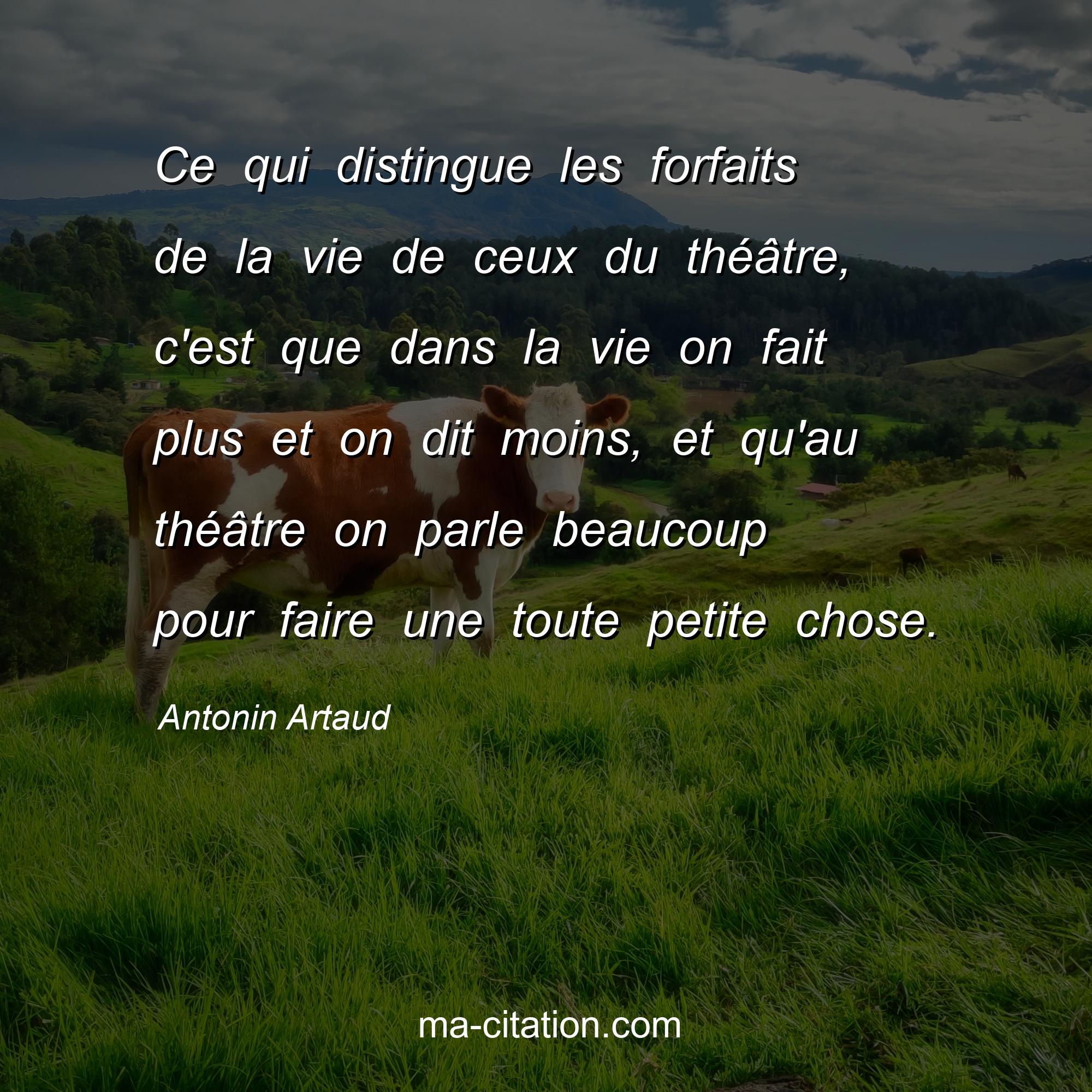 Antonin Artaud : Ce qui distingue les forfaits de la vie de ceux du théâtre, c'est que dans la vie on fait plus et on dit moins, et qu'au théâtre on parle beaucoup pour faire une toute petite chose.