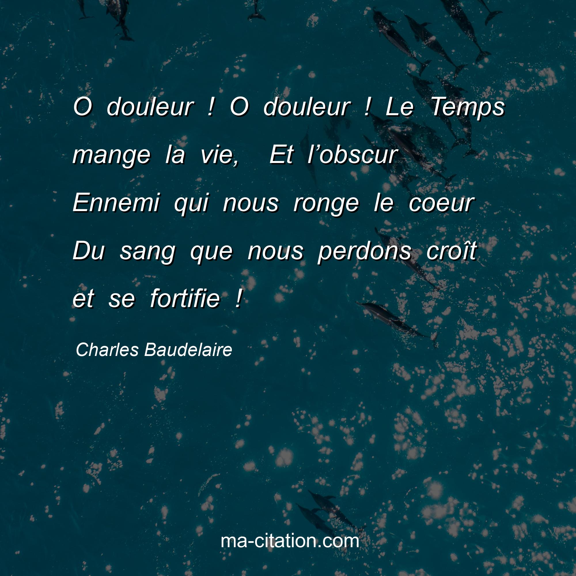 Charles Baudelaire : O douleur ! O douleur ! Le Temps mange la vie,  Et l’obscur Ennemi qui nous ronge le coeur Du sang que nous perdons croît et se fortifie !