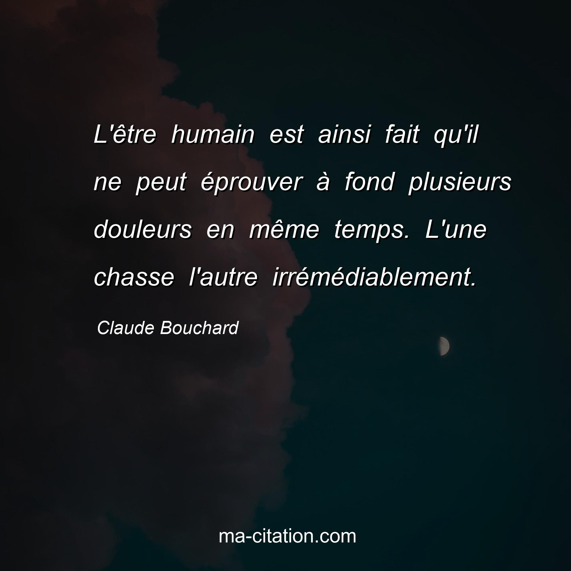 Claude Bouchard : L'être humain est ainsi fait qu'il ne peut éprouver à fond plusieurs douleurs en même temps. L'une chasse l'autre irrémédiablement.