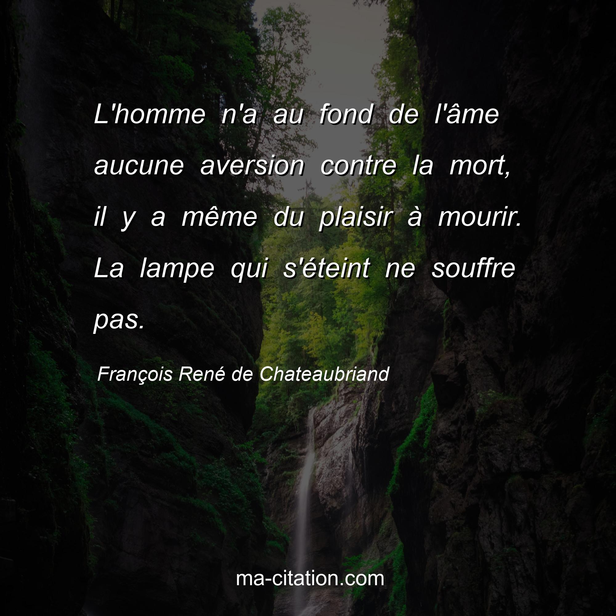 François René de Chateaubriand : L'homme n'a au fond de l'âme aucune aversion contre la mort, il y a même du plaisir à mourir. La lampe qui s'éteint ne souffre pas.