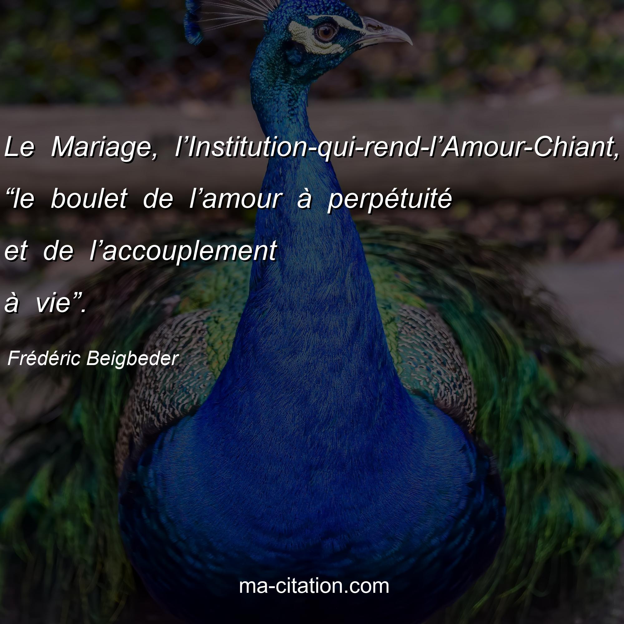 Frédéric Beigbeder : Le Mariage, l’Institution-qui-rend-l’Amour-Chiant, “le boulet de l’amour à perpétuité et de l’accouplement à vie”.