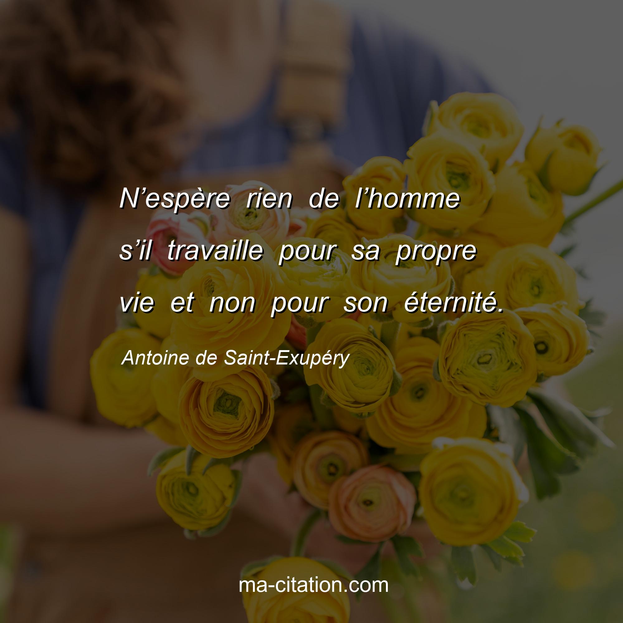 Antoine de Saint-Exupéry : N’espère rien de l’homme s’il travaille pour sa propre vie et non pour son éternité.