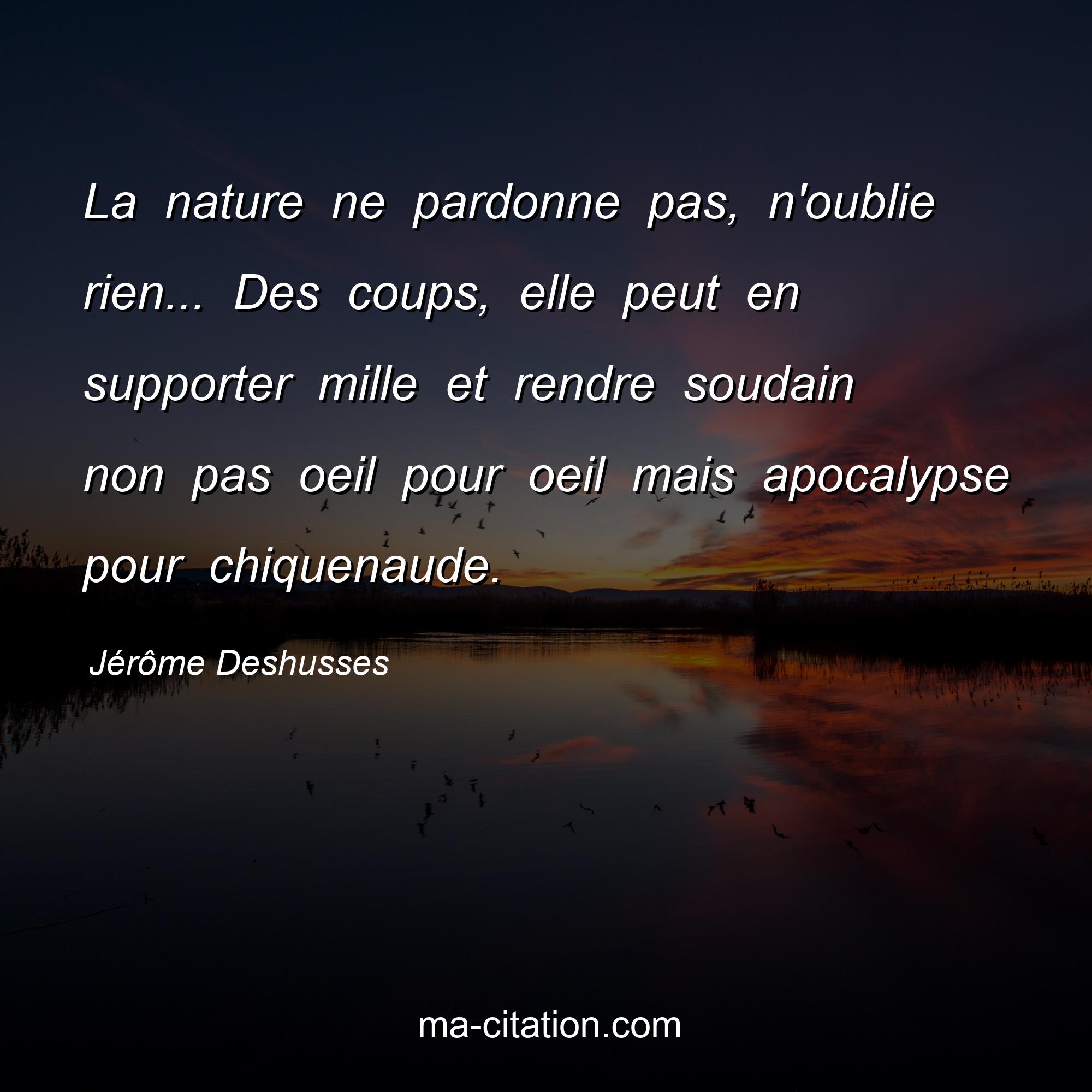 Jérôme Deshusses : La nature ne pardonne pas, n'oublie rien... Des coups, elle peut en supporter mille et rendre soudain non pas oeil pour oeil mais apocalypse pour chiquenaude.
