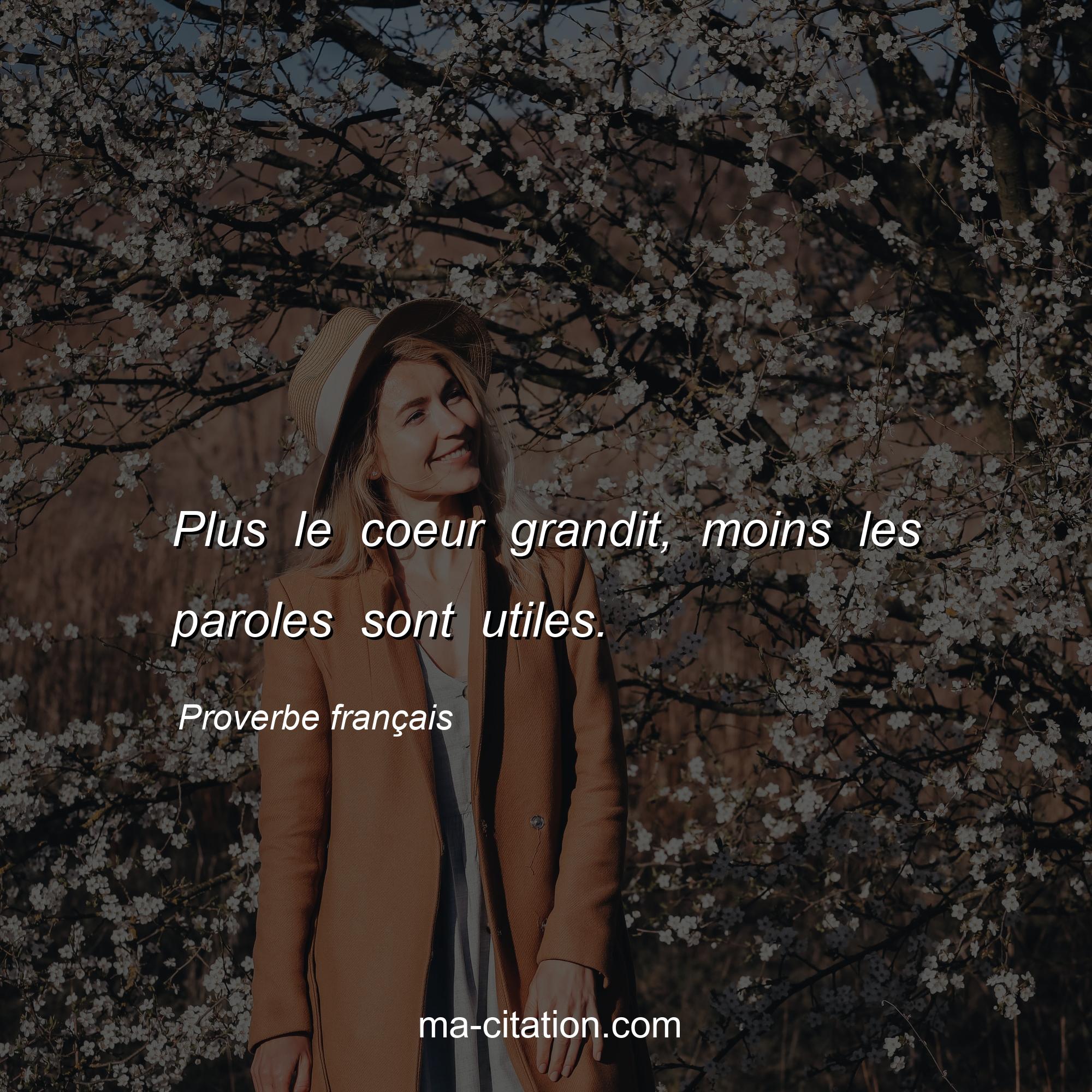 Proverbe français : Plus le coeur grandit, moins les paroles sont utiles.