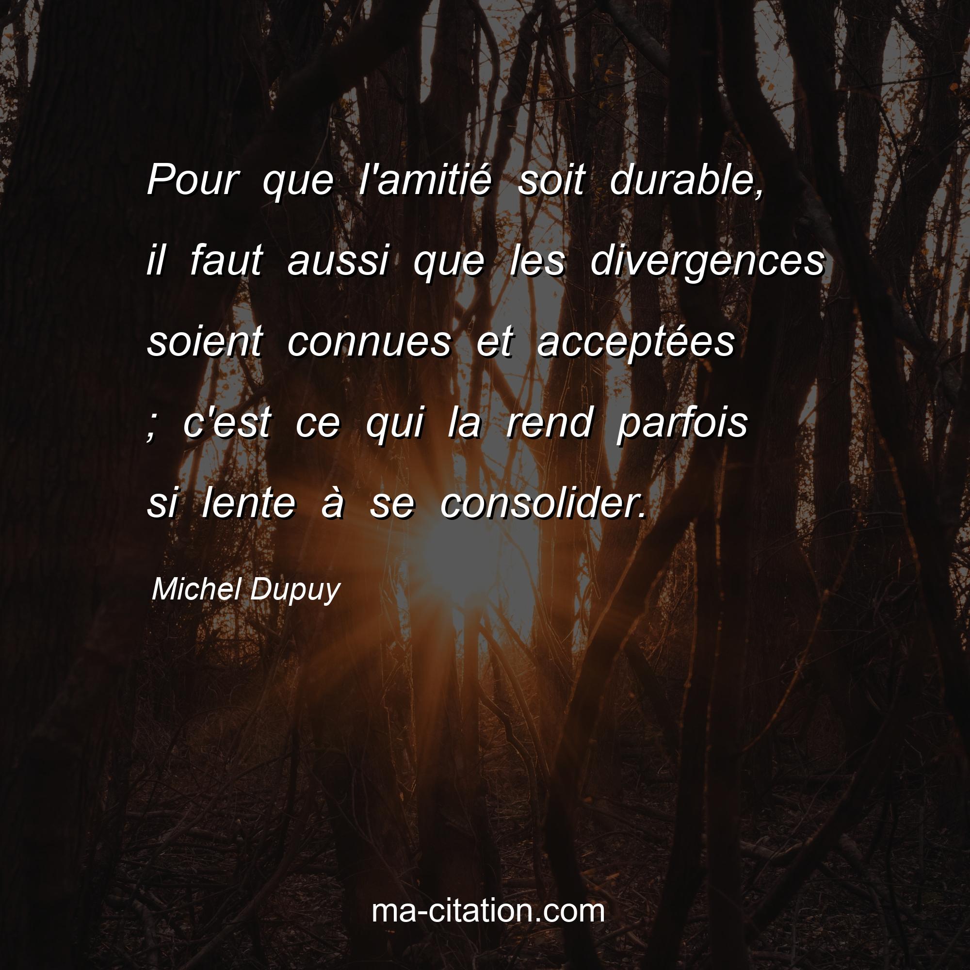 Michel Dupuy : Pour que l'amitié soit durable, il faut aussi que les divergences soient connues et acceptées ; c'est ce qui la rend parfois si lente à se consolider.