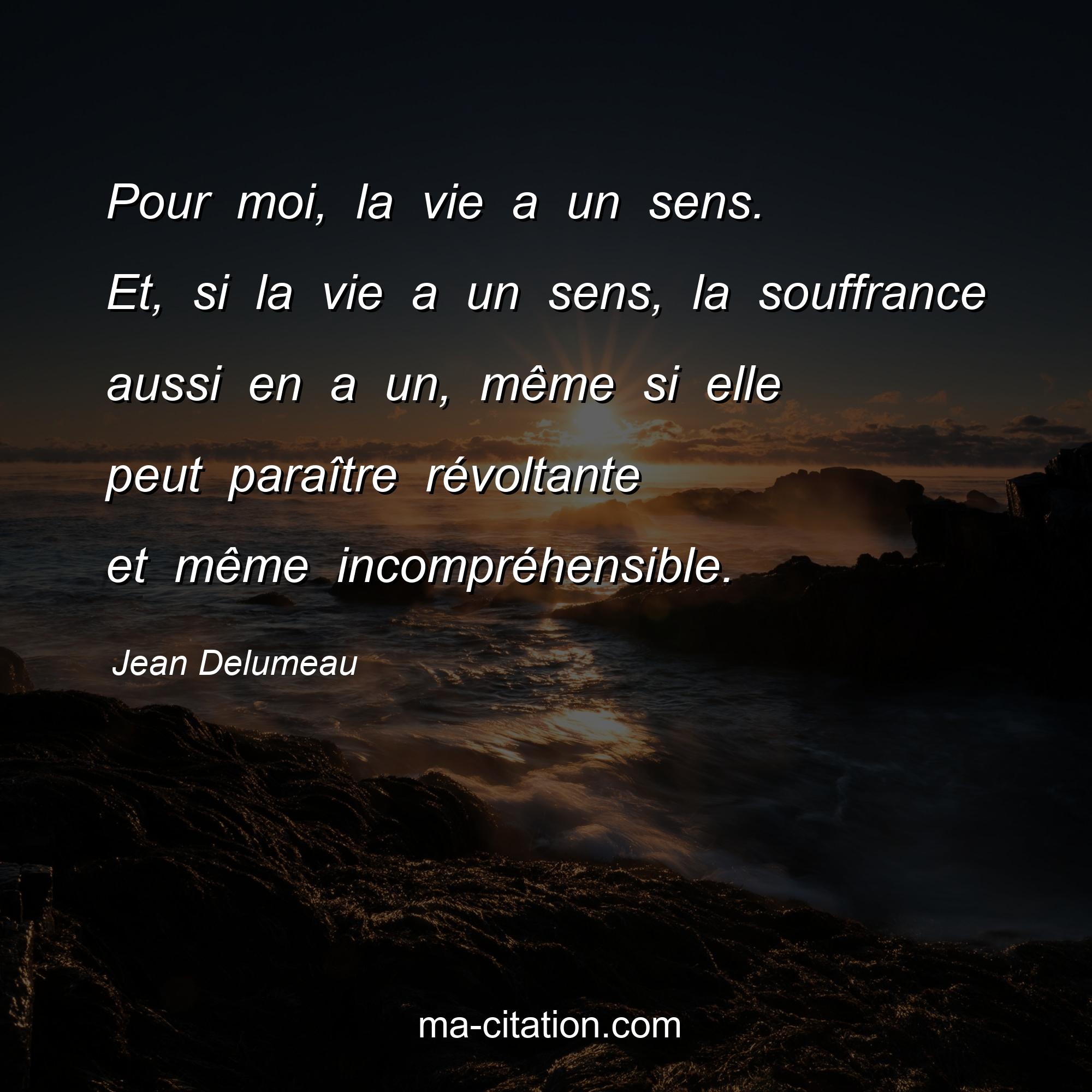 Jean Delumeau : Pour moi, la vie a un sens. Et, si la vie a un sens, la souffrance aussi en a un, même si elle peut paraître révoltante et même incompréhensible.