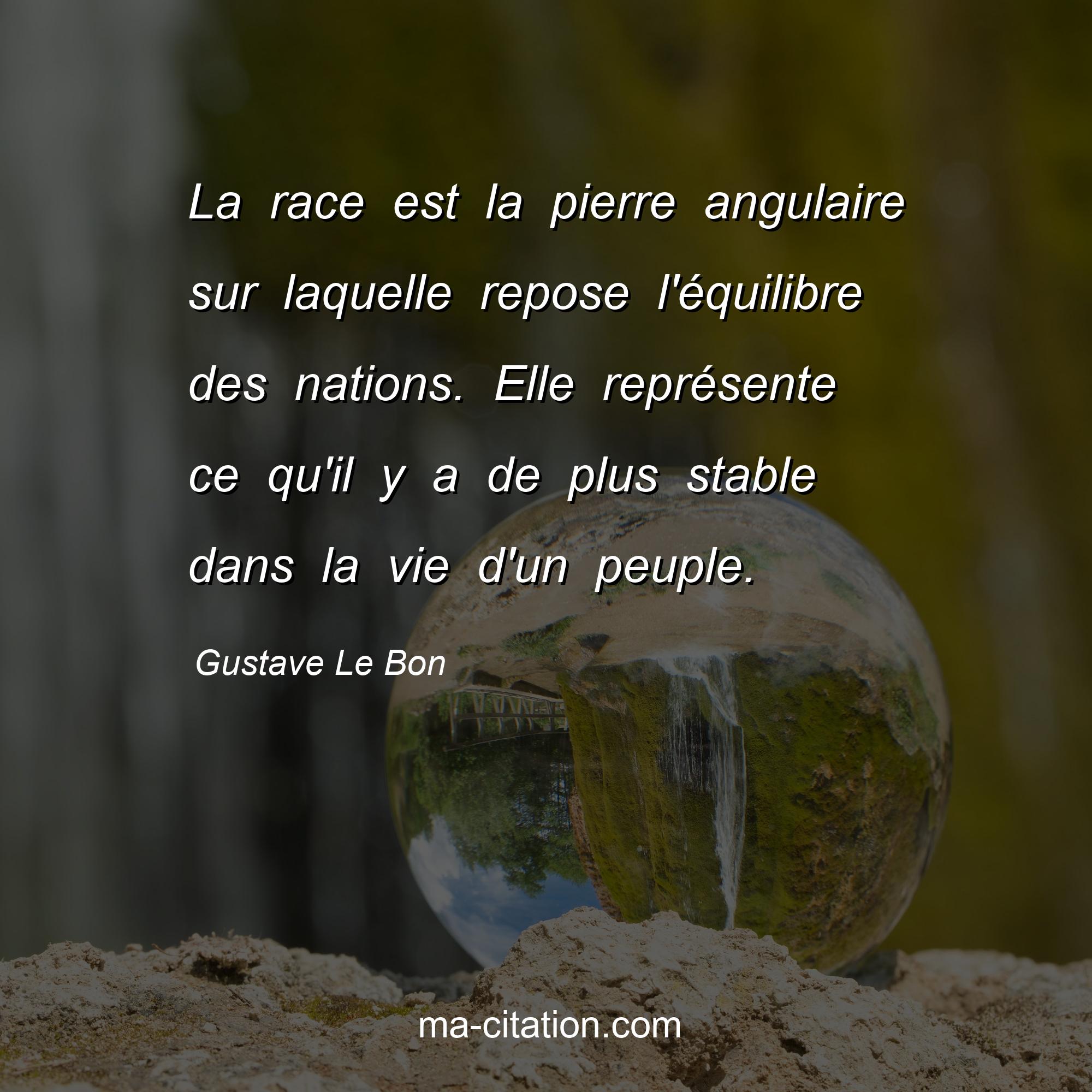 Gustave Le Bon : La race est la pierre angulaire sur laquelle repose l'équilibre des nations. Elle représente ce qu'il y a de plus stable dans la vie d'un peuple.