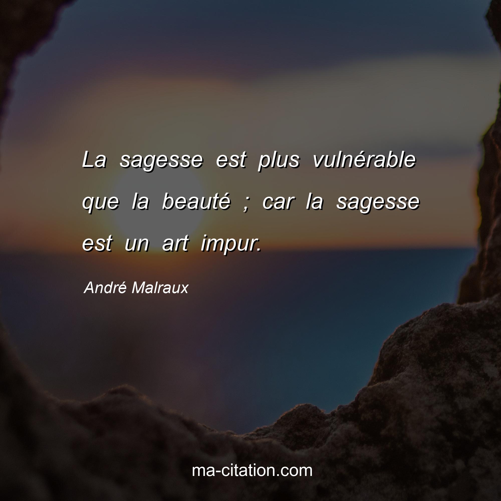 André Malraux : La sagesse est plus vulnérable que la beauté ; car la sagesse est un art impur.