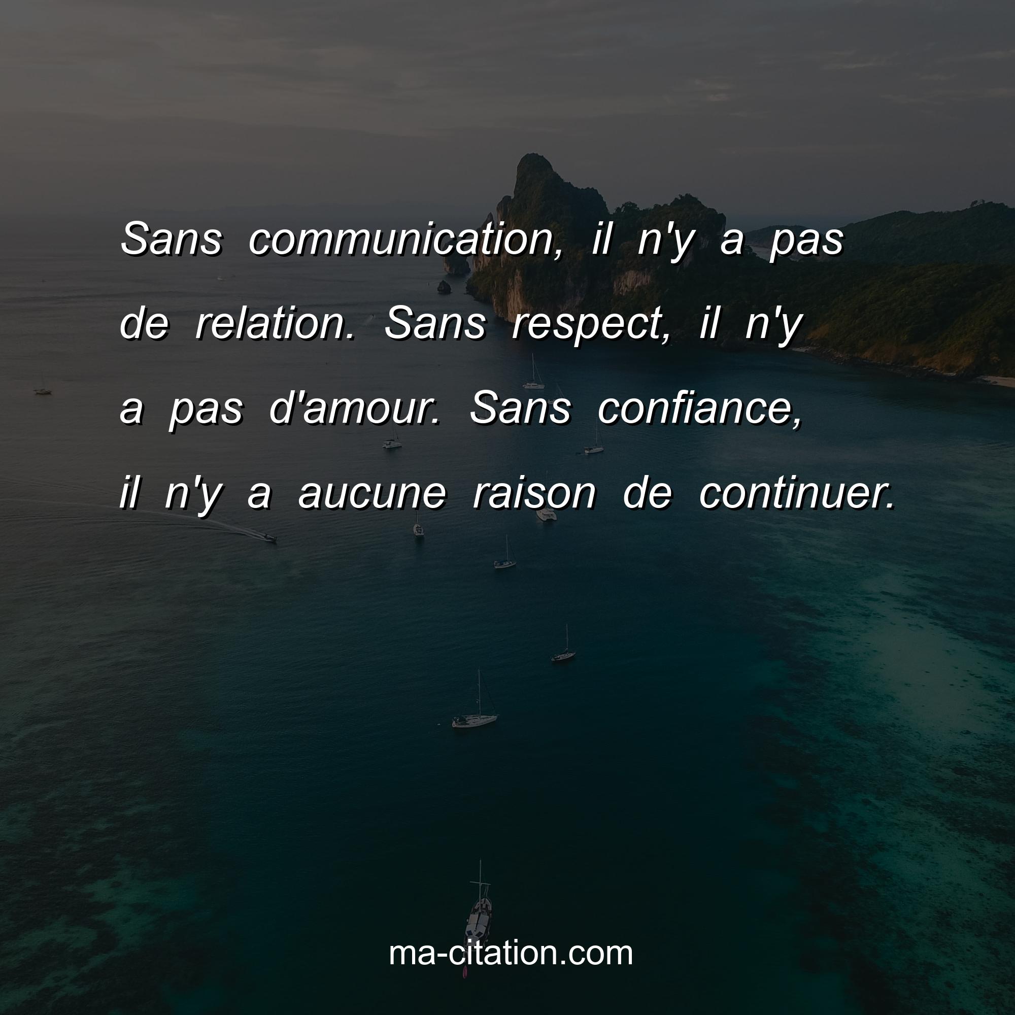 Ma-Citation.com : Sans communication, il n'y a pas de relation. Sans respect, il n'y a pas d'amour. Sans confiance, il n'y a aucune raison de continuer.