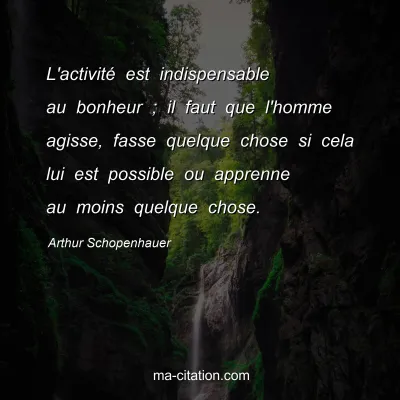 Arthur Schopenhauer : L'activitÃ© est indispensable au bonheur ; il faut que l'homme agisse, fasse quelque chose si cela lui est possible ou apprenne au moins quelque chose.