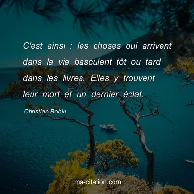 Christian Bobin : C'est ainsi : les choses qui arrivent dans la vie basculent tÃ´t ou tard dans les livres. Elles y trouvent leur mort et un dernier Ã©clat.