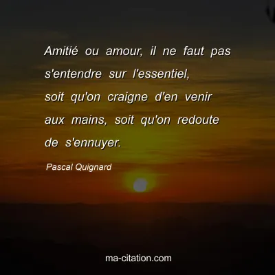 Pascal Quignard : Amitié ou amour, il ne faut pas s'entendre sur l'essentiel, soit qu'on craigne d'en venir aux mains, soit qu'on redoute de s'ennuyer.