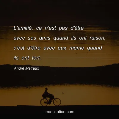 AndrÃ© Malraux : L'amitiÃ©, ce n'est pas d'Ãªtre avec ses amis quand ils ont raison, c'est d'Ãªtre avec eux mÃªme quand ils ont tort.