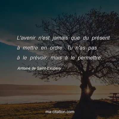 Antoine de Saint-ExupÃ©ry                  
       : L'avenir n'est jamais que du prÃ©sent Ã  mettre en ordre. Tu n'as pas Ã  le prÃ©voir, mais Ã  le permettre.