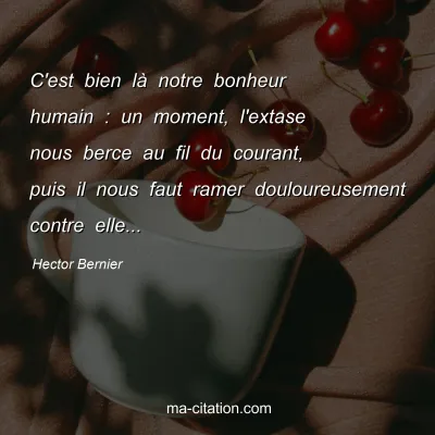 Hector Bernier : C'est bien là notre bonheur humain : un moment, l'extase nous berce au fil du courant, puis il nous faut ramer douloureusement contre elle...