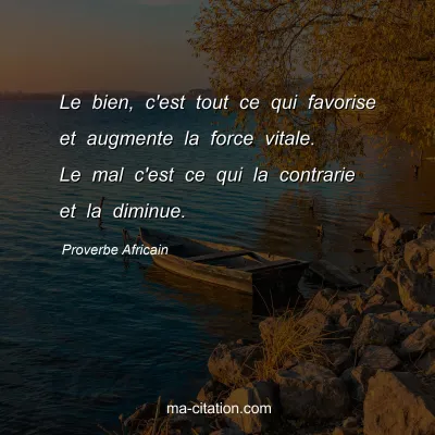 Proverbe Africain : Le bien, c'est tout ce qui favorise et augmente la force vitale. Le mal c'est ce qui la contrarie et la diminue. 