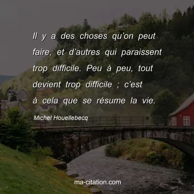 Michel Houellebecq : Il y a des choses qu’on peut faire, et d’autres qui paraissent trop difficile. Peu à peu, tout devient trop difficile ; c’est à cela que se résume la vie.