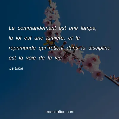 La Bible : Le commandement est une lampe, la loi est une lumiÃ¨re, et la rÃ©primande qui retient dans la discipline est la voie de la vie.
