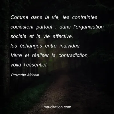 Proverbe Africain : Comme dans la vie, les contraintes coexistent partout : dans lâ€™organisation sociale et la vie affective, les Ã©changes entre individus. Vivre et rÃ©aliser la contradiction, voilÃ  lâ€™essentiel.