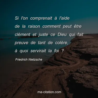 Friedrich Nietzsche : Si l'on comprenait Ã  l'aide de la raison comment peut Ãªtre clÃ©ment et juste ce Dieu qui fait preuve de tant de colÃ¨re, Ã  quoi servirait la foi ?