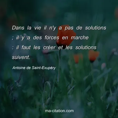 Antoine de Saint-ExupÃ©ry : Dans la vie il n'y a pas de solutions ; il y a des forces en marche : il faut les crÃ©er et les solutions suivent.