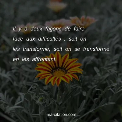 Il y a deux faÃ§ons de faire face aux difficultÃ©s : soit on les transforme, soit on se transforme en les affrontant.