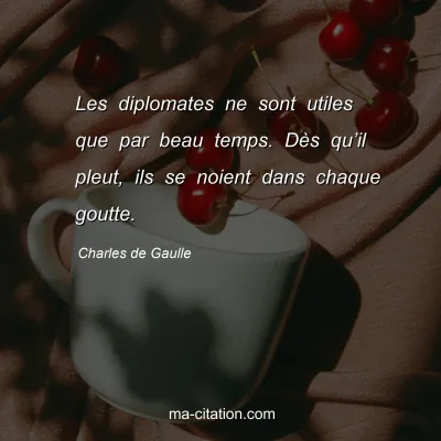 Charles de Gaulle : Les diplomates ne sont utiles que par beau temps. DÃ¨s quâ€™il pleut, ils se noient dans chaque goutte.