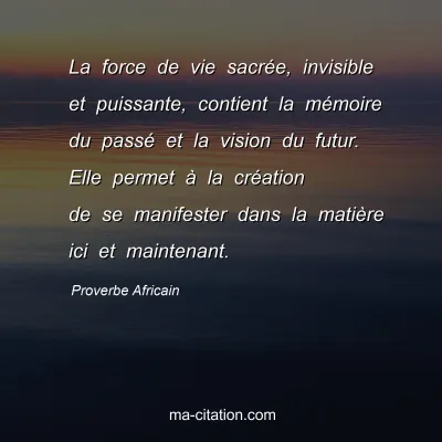 Proverbe Africain : La force de vie sacrÃ©e, invisible et puissante, contient la mÃ©moire du passÃ© et la vision du futur. Elle permet Ã  la crÃ©ation de se manifester dans la matiÃ¨re ici et maintenant.
