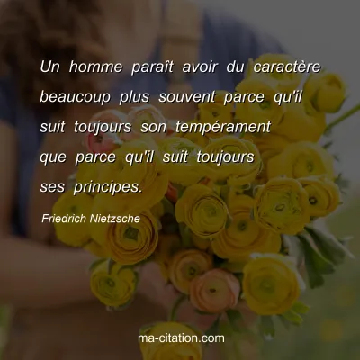 Friedrich Nietzsche : Un homme paraÃ®t avoir du caractÃ¨re beaucoup plus souvent parce qu'il suit toujours son tempÃ©rament que parce qu'il suit toujours ses principes.