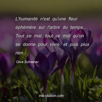 Olive Schreiner : L'humanitÃ© n'est qu'une fleur Ã©phÃ©mÃ¨re sur l'arbre du temps... Tout ce mal, tout ce mal qu'on se donne pour vivre, et puis plus rien.