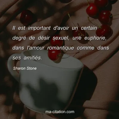 Sharon Stone : Il est important d'avoir un certain degré de désir sexuel, une euphorie, dans l'amour romantique comme dans ses amitiés.