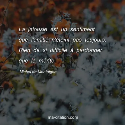 Michel de Montaigne : La jalousie est un sentiment que l'amitiÃ© n'Ã©teint pas toujours. Rien de si difficile Ã  pardonner que le mÃ©rite.