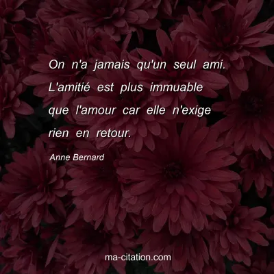 Anne Bernard : On n'a jamais qu'un seul ami. L'amitié est plus immuable que l'amour car elle n'exige rien en retour.
