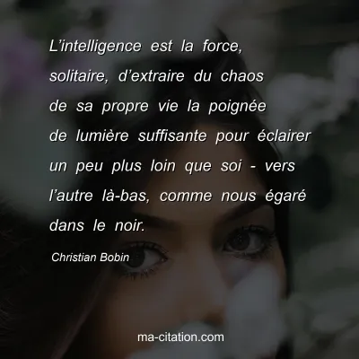 Christian Bobin : Lâ€™intelligence est la force, solitaire, dâ€™extraire du chaos de sa propre vie la poignÃ©e de lumiÃ¨re suffisante pour Ã©clairer un peu plus loin que soi - vers lâ€™autre lÃ -bas, comme nous Ã©garÃ© dans le noir.