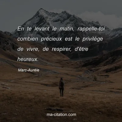 Marc-Aurèle                  
                
   : En te levant le matin, rappelle-toi combien précieux est le privilège de vivre, de respirer, d'être heureux.