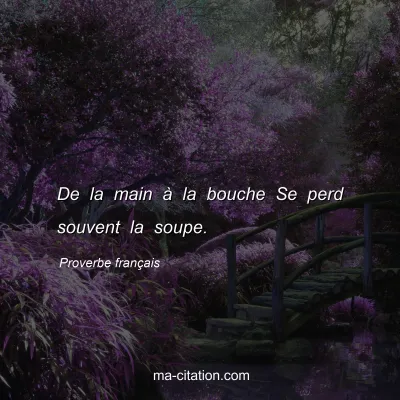 Proverbe franÃ§ais : De la main Ã  la bouche Se perd souvent la soupe.