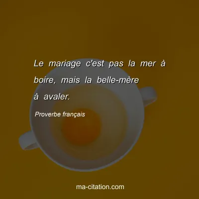Proverbe franÃ§ais : Le mariage c'est pas la mer Ã  boire, mais la belle-mÃ¨re Ã  avaler.