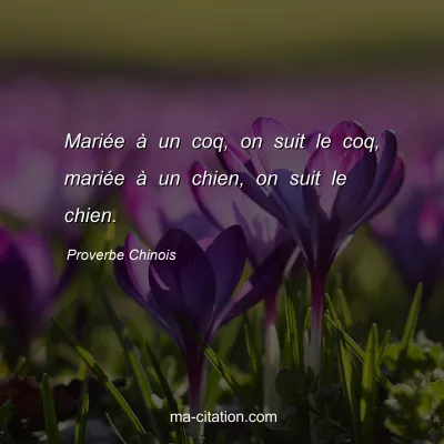 Proverbe Chinois : MariÃ©e Ã  un coq, on suit le coq, mariÃ©e Ã  un chien, on suit le chien.