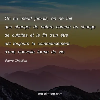 Pierre Châtillon : On ne meurt jamais, on ne fait que changer de nature comme on change de culottes et la fin d'un être est toujours le commencement d'une nouvelle forme de vie.