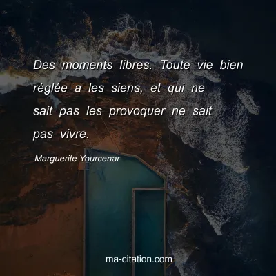 Marguerite Yourcenar : Des moments libres. Toute vie bien rÃ©glÃ©e a les siens, et qui ne sait pas les provoquer ne sait pas vivre.