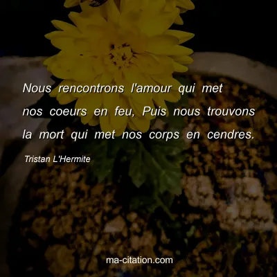 Tristan L'Hermite : Nous rencontrons l'amour qui met nos coeurs en feu, Puis nous trouvons la mort qui met nos corps en cendres.