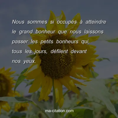 Nous sommes si occupÃ©s Ã  atteindre le grand bonheur que nous laissons passer les petits bonheurs qui, tous les jours, dÃ©filent devant nos yeux. 