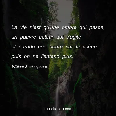 William Shakespeare : La vie n'est qu'une ombre qui passe, un pauvre acteur qui s'agite et parade une heure sur la scÃ¨ne, puis on ne l'entend plus.