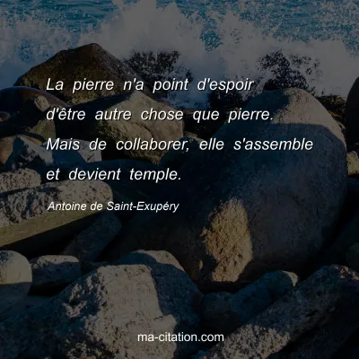 Antoine de Saint-ExupÃ©ry : La pierre n'a point d'espoir d'Ãªtre autre chose que pierre. Mais de collaborer, elle s'assemble et devient temple.