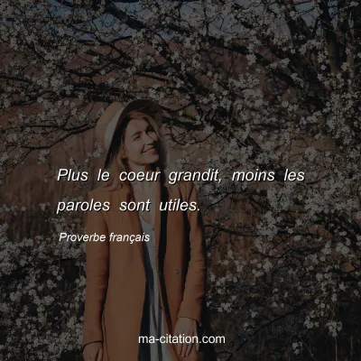 Proverbe franÃ§ais : Plus le coeur grandit, moins les paroles sont utiles.