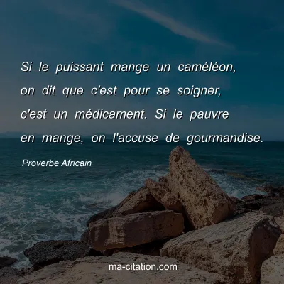 Proverbe Africain : Si le puissant mange un camÃ©lÃ©on, on dit que c'est pour se soigner, c'est un mÃ©dicament. Si le pauvre en mange, on l'accuse de gourmandise.