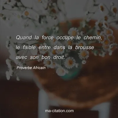 Proverbe Africain : Quand la force occupe le chemin, le faible entre dans la brousse avec son bon droit.