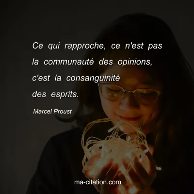 Marcel Proust : Ce qui rapproche, ce n'est pas la communauté des opinions, c'est la consanguinité des esprits.